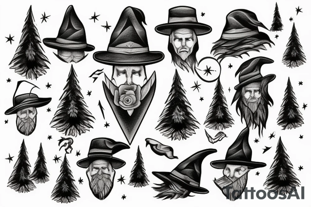wizard, spruce tree hat tattoo idea