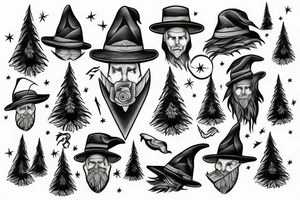 wizard, spruce tree hat tattoo idea