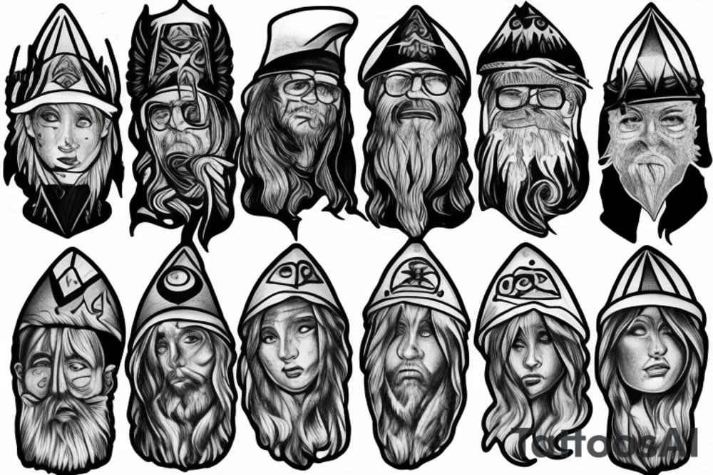 wizard, spruce tree hat tattoo idea
