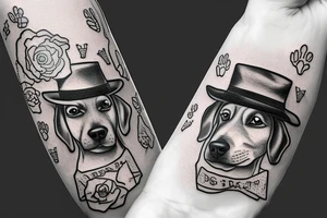 dog with a hat and human hands holding a cigarrett tattoo idea