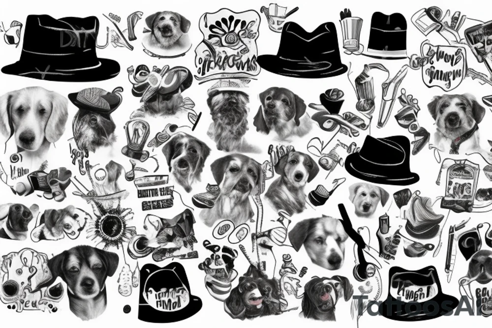 dog with a hat and human hands holding a cigarrett tattoo idea