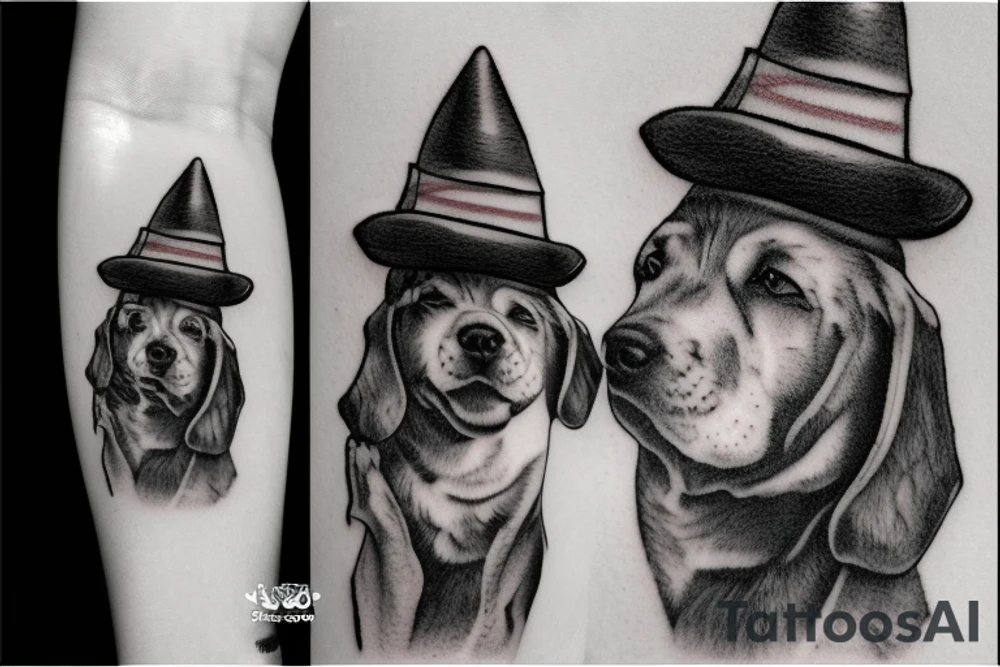 dog with a hat and human hands holding a cigarrett tattoo idea
