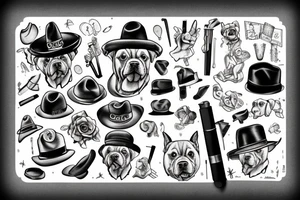 dog with a hat and human hands holding a cigarrett tattoo idea