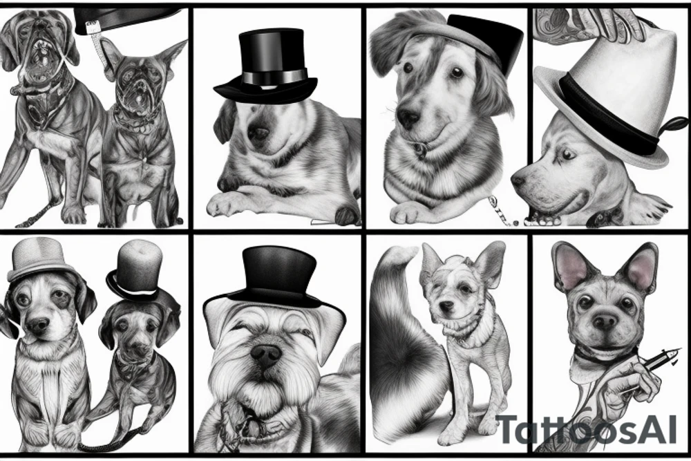 dog with a hat and human hands holding a cigarrett tattoo idea