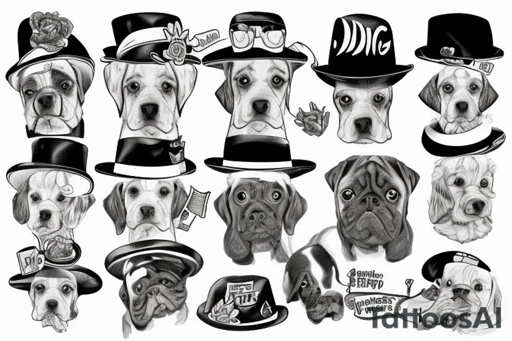 dog with a hat and human hands holding a cigarrett tattoo idea