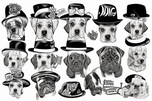 dog with a hat and human hands holding a cigarrett tattoo idea