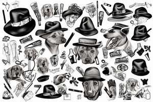 dog with a hat and human hands holding a cigarrett tattoo idea