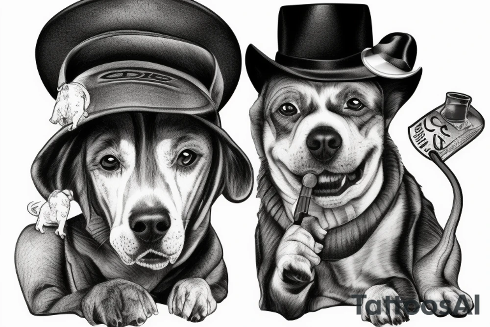 dog with a hat and human hands holding a cigarrett tattoo idea