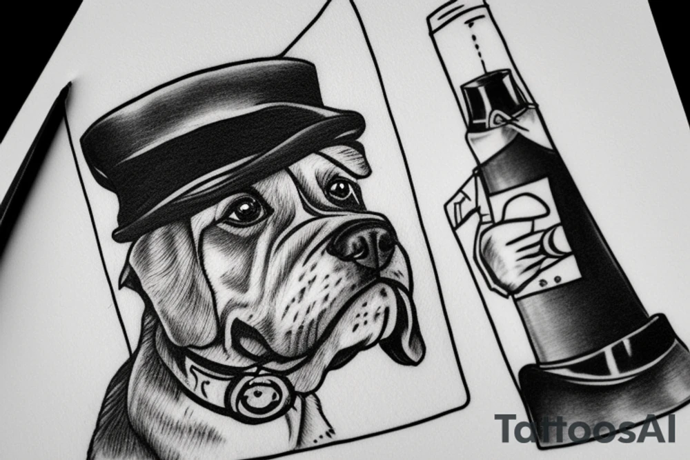 dog with a hat, with human hands instead of paws holding a cigarrett tattoo idea