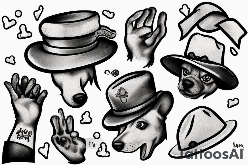dog with a hat, with human hands instead of paws holding a cigarrett tattoo idea