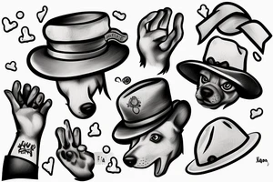 dog with a hat, with human hands instead of paws holding a cigarrett tattoo idea