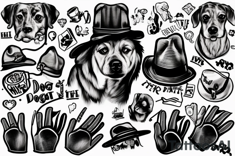 dog with a hat, with human hands instead of paws holding a cigarrett tattoo idea