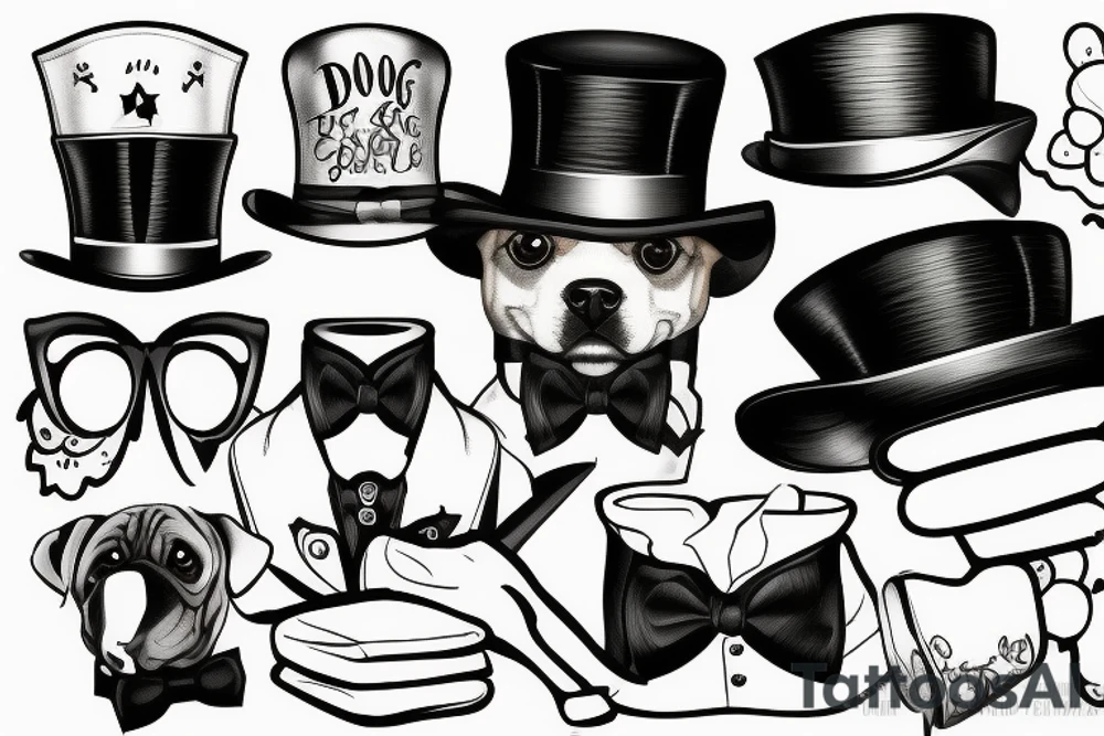 dog in a tuxedo and top hat tattoo idea