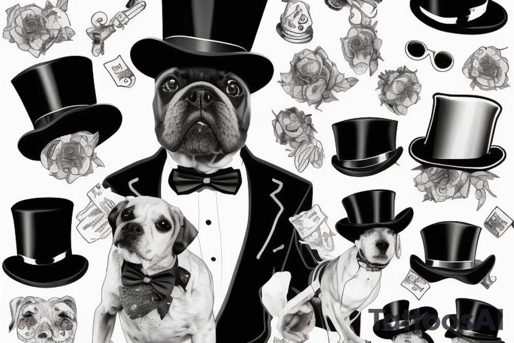 dog in a tuxedo and top hat tattoo idea
