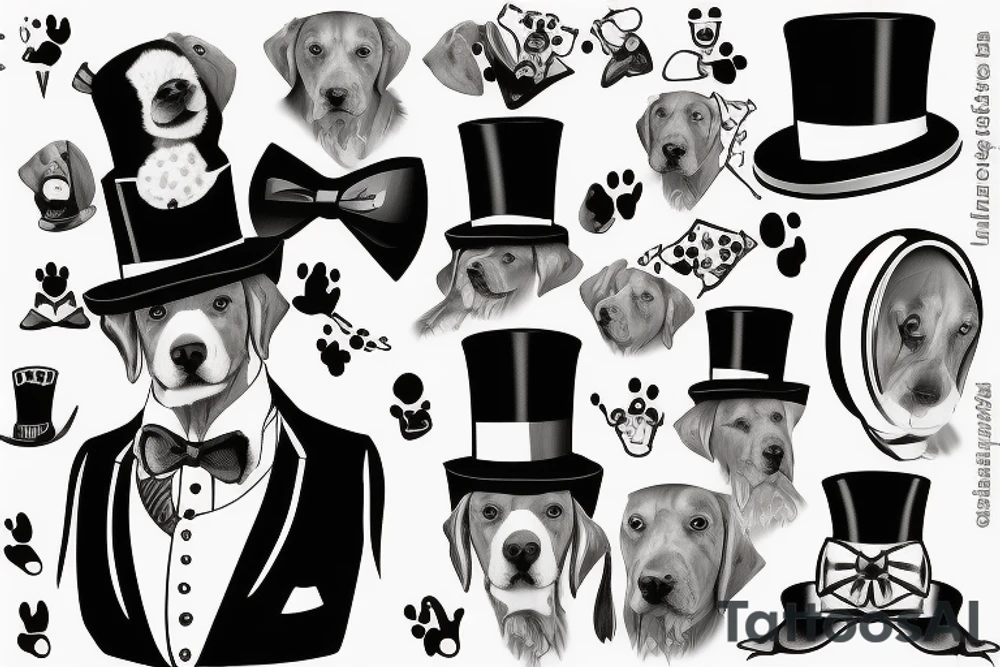 dog in a tuxedo and top hat tattoo idea