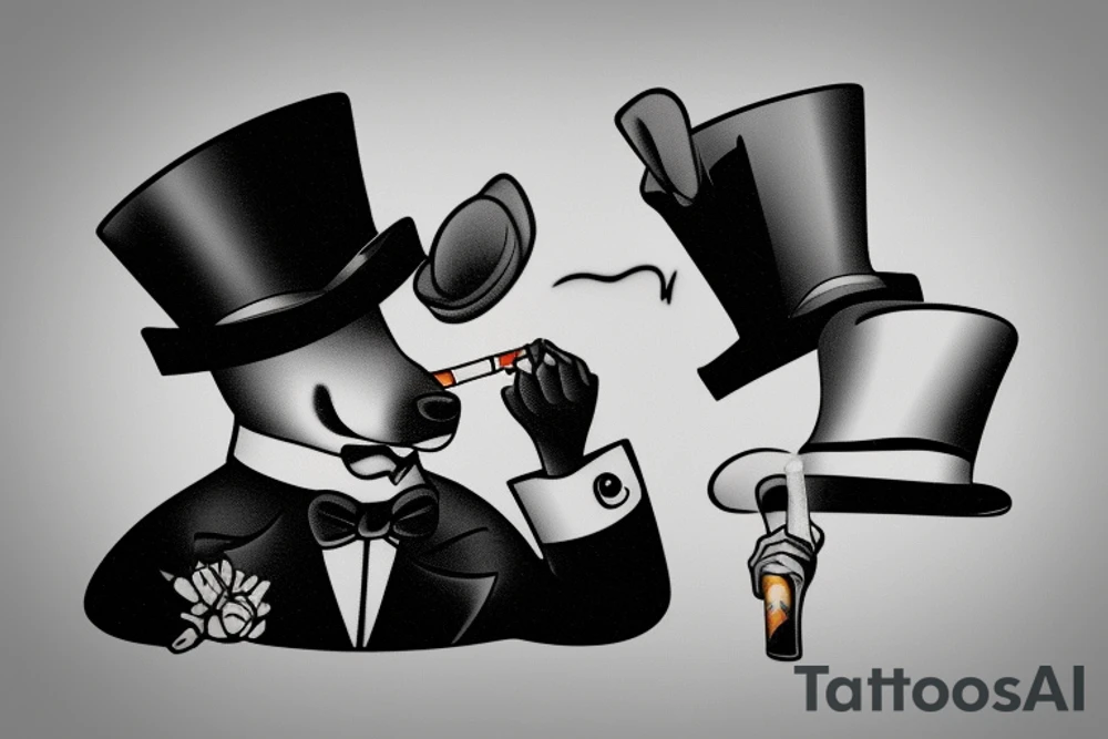 dog in a tuxedo and top hat, cigarette in side of mouth tattoo idea