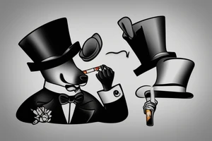 dog in a tuxedo and top hat, cigarette in side of mouth tattoo idea