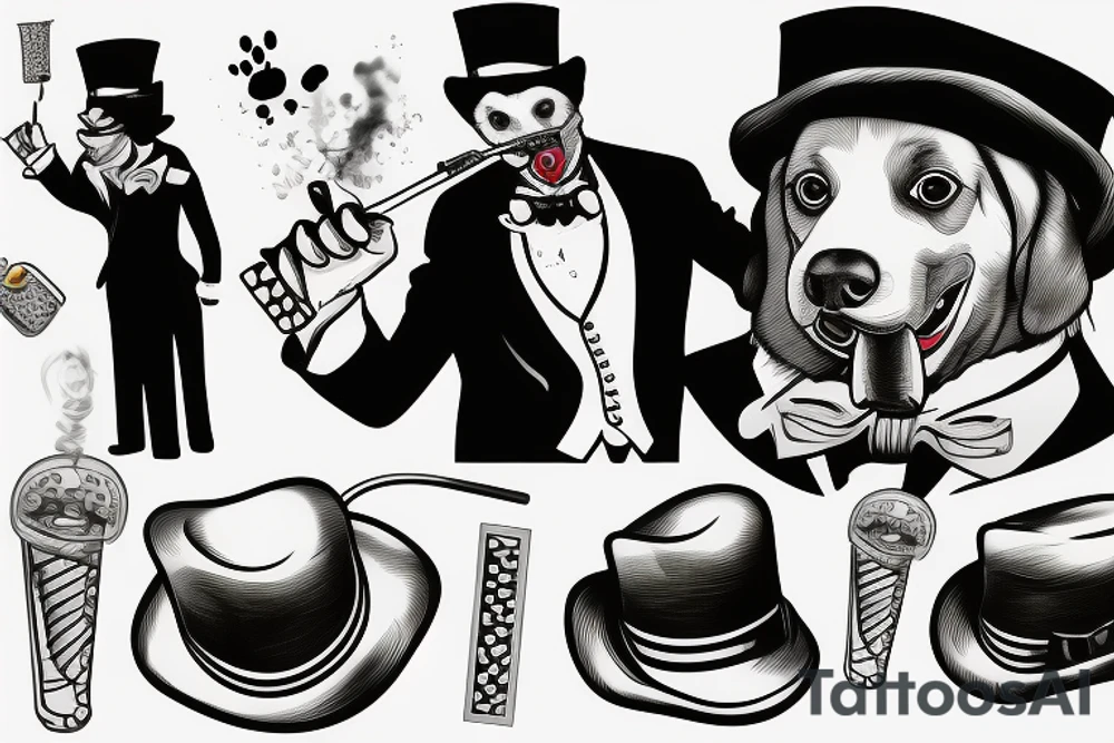 dog in a tuxedo and top hat, cigarette in side of mouth tattoo idea