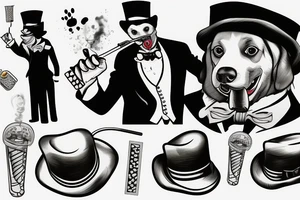 dog in a tuxedo and top hat, cigarette in side of mouth tattoo idea