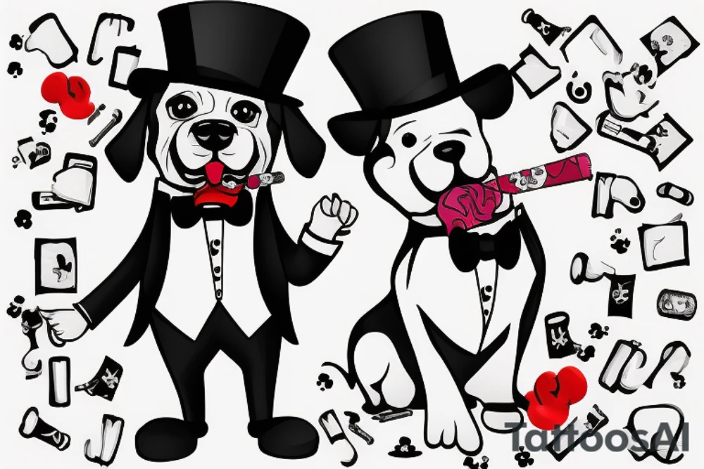 dog in a tuxedo and top hat, cigarette in side of mouth tattoo idea