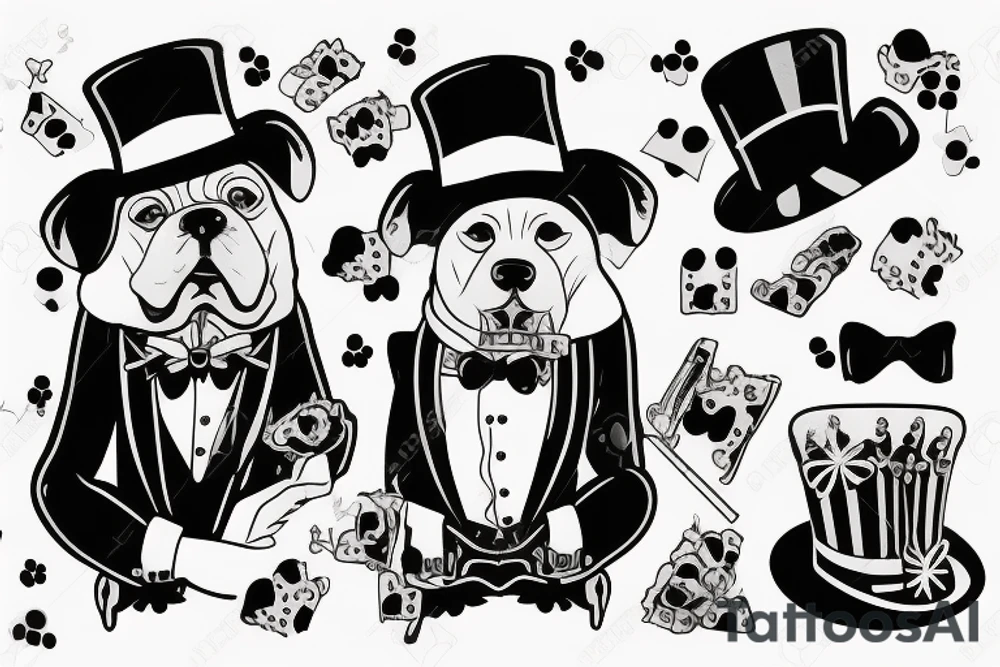 dog in a tuxedo and top hat, cigarette in side of mouth tattoo idea