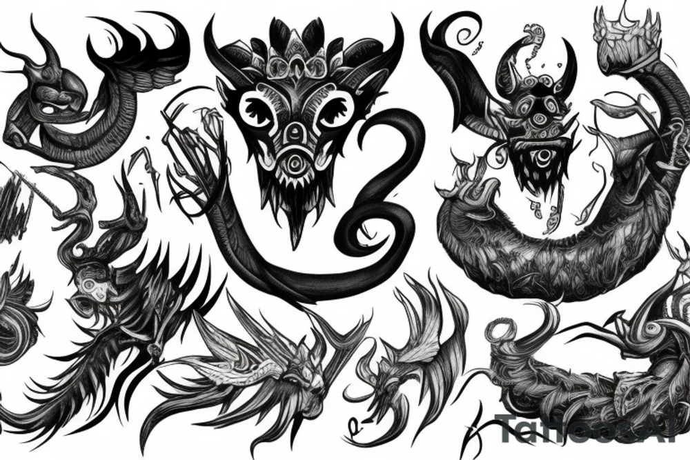 full arm sleeve, mythological creatures tattoo idea