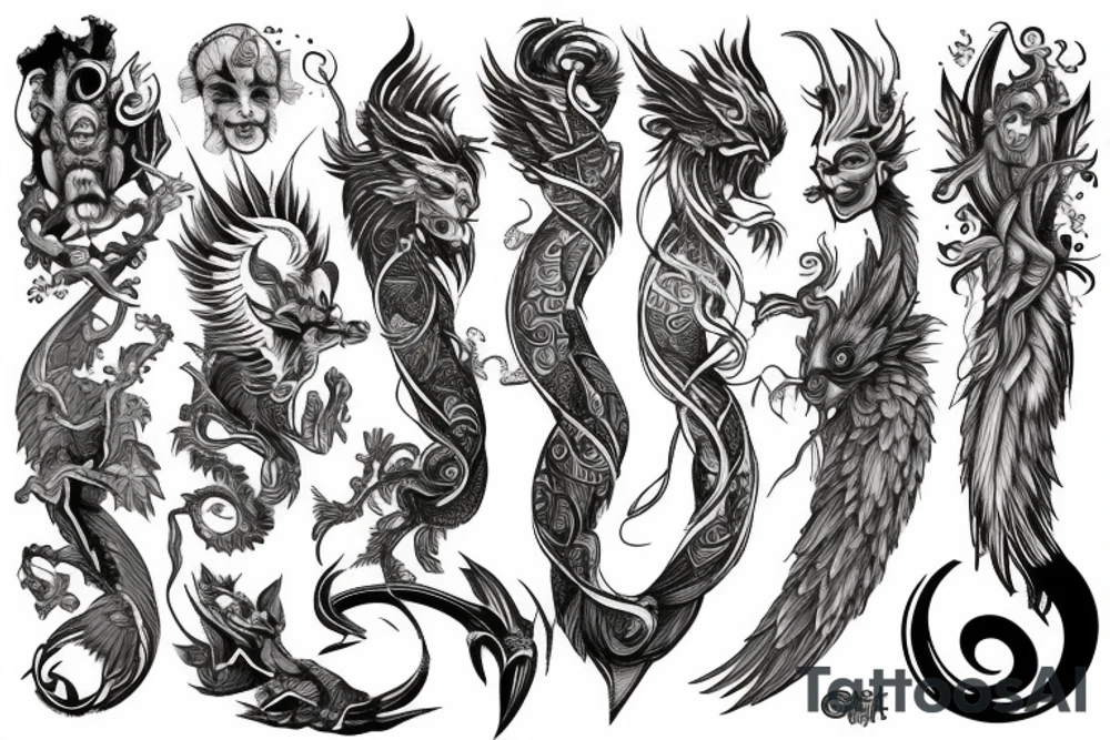 full arm sleeve, mythological creatures tattoo idea
