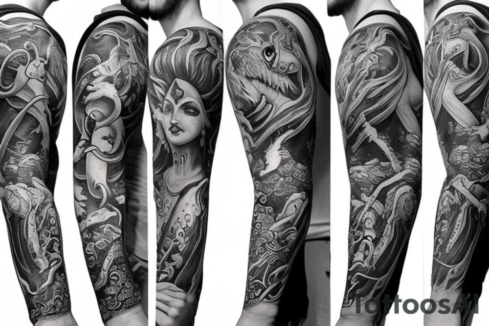 full arm sleeve, mythological creatures tattoo idea