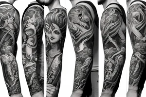 full arm sleeve, mythological creatures tattoo idea
