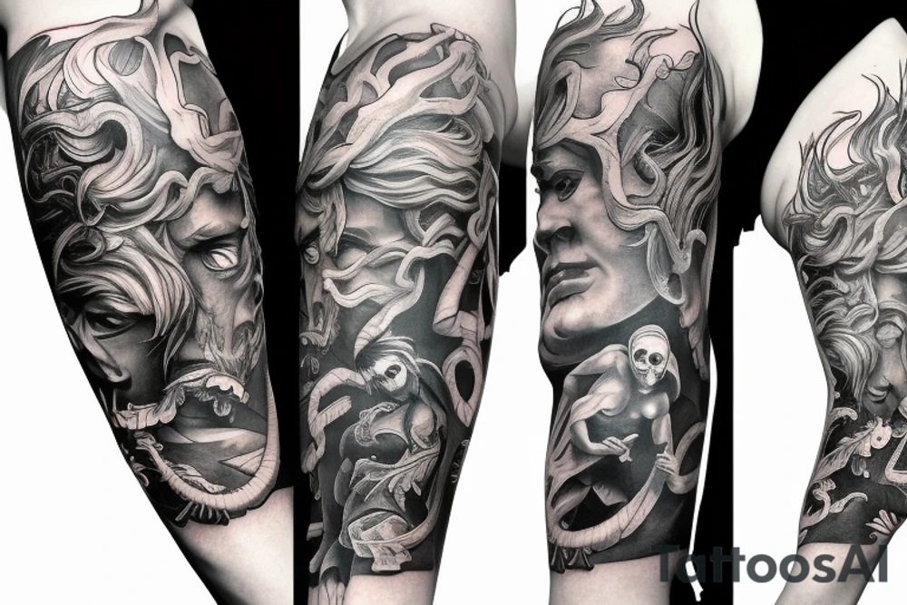 full arm sleeve, mythological creatures tattoo idea