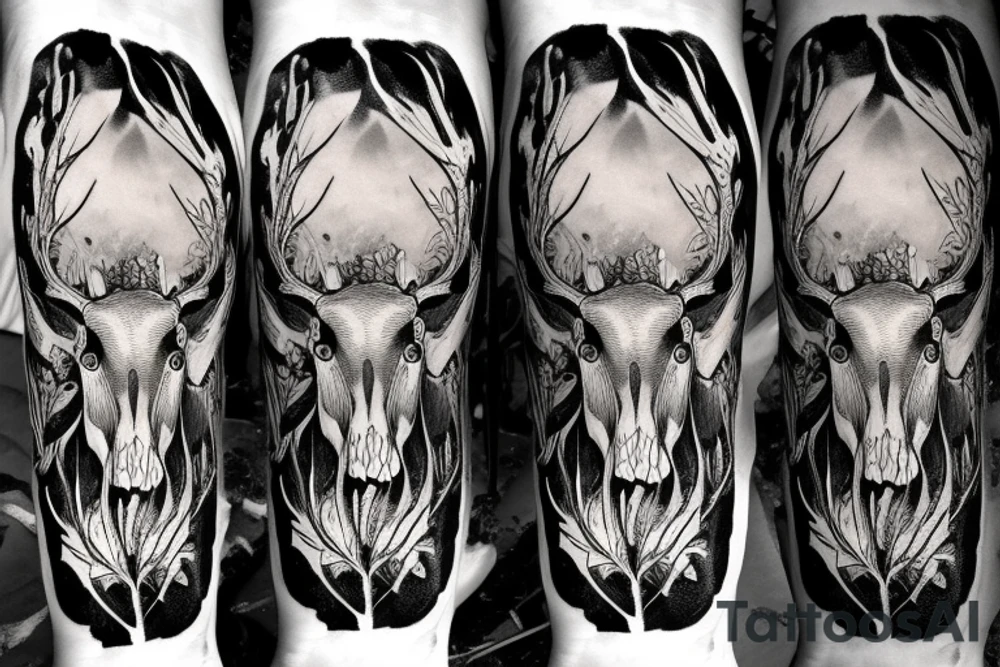 deer skull in grass with mushrooms near tattoo idea