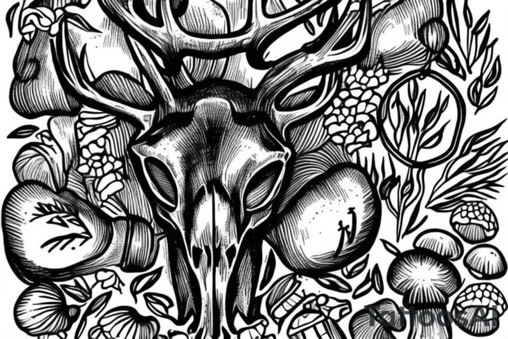 deer skull in grass with mushrooms near tattoo idea