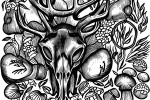 deer skull in grass with mushrooms near tattoo idea