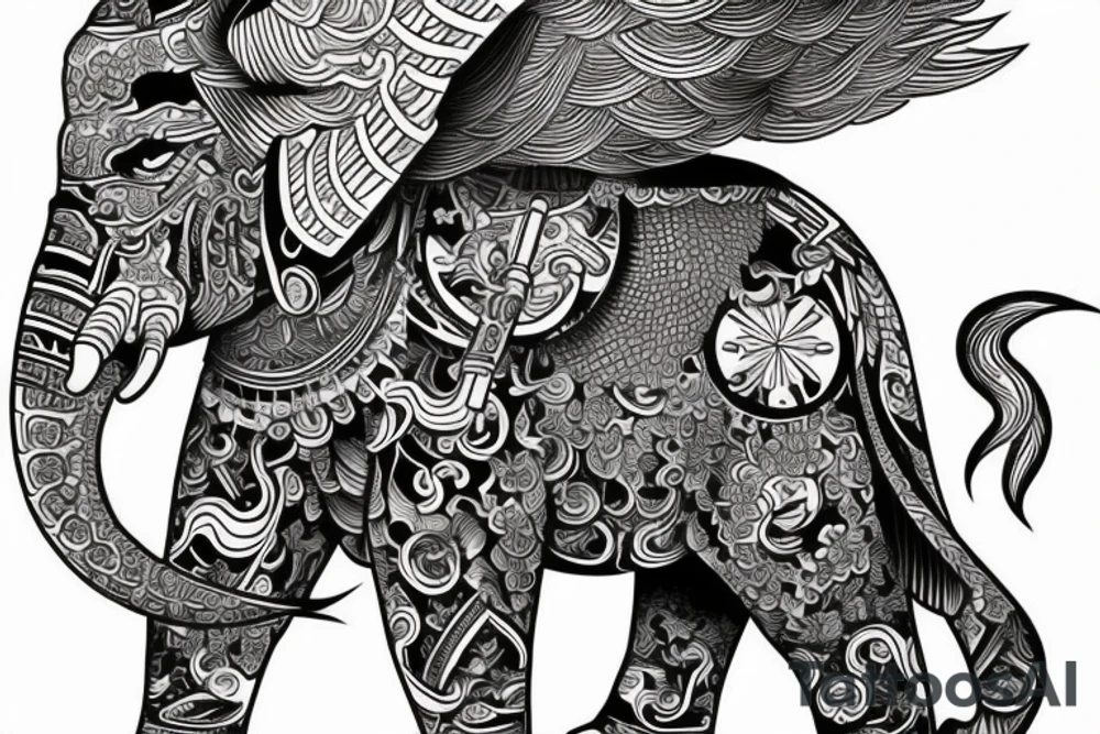 samurai standing next to an elephant with a backdrop of a waterfall and a phoenix bird flying tattoo idea