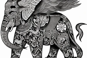 samurai standing next to an elephant with a backdrop of a waterfall and a phoenix bird flying tattoo idea