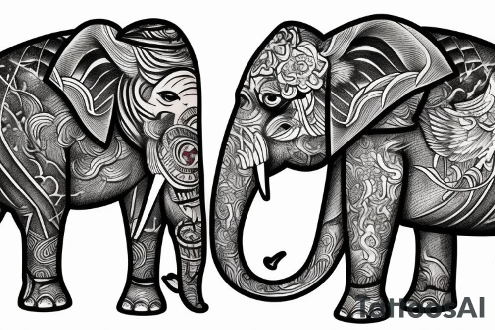 samurai standing next to an elephant with a backdrop of a waterfall and a phoenix bird flying tattoo idea