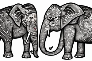 samurai standing next to an elephant with a backdrop of a waterfall and a phoenix bird flying tattoo idea