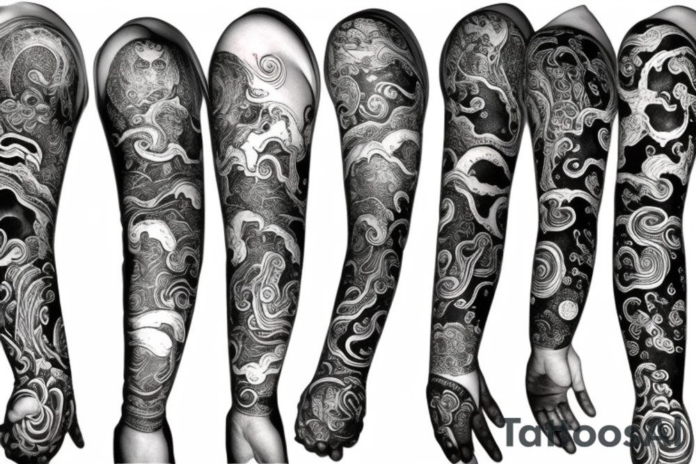 full arm sleeve, mythological creatures, water, ying yang tattoo idea