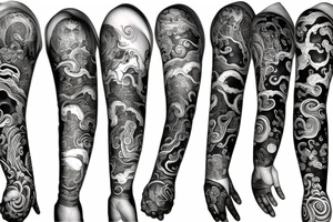 full arm sleeve, mythological creatures, water, ying yang tattoo idea