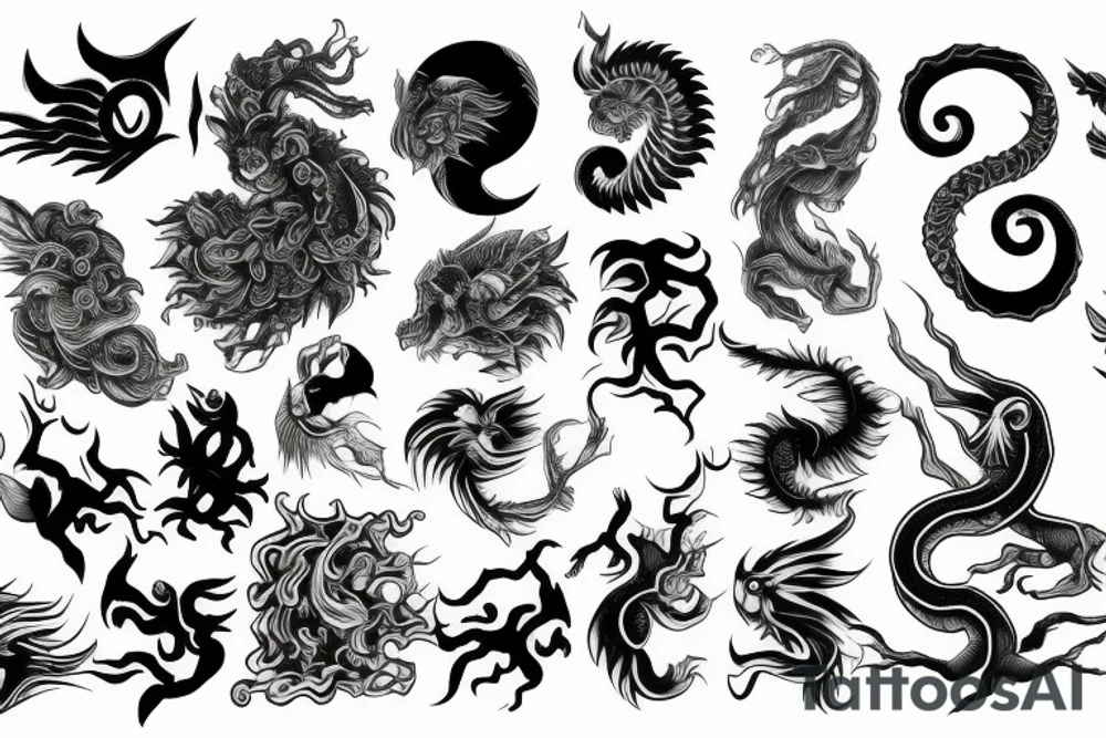 full arm sleeve, mythological creatures, water, ying yang tattoo idea