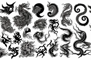 full arm sleeve, mythological creatures, water, ying yang tattoo idea