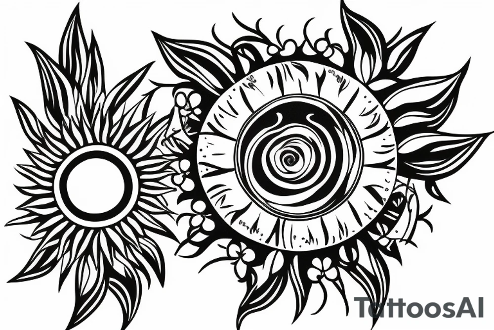 Strong sun pattern shoulder upper arm flowers tattoo idea