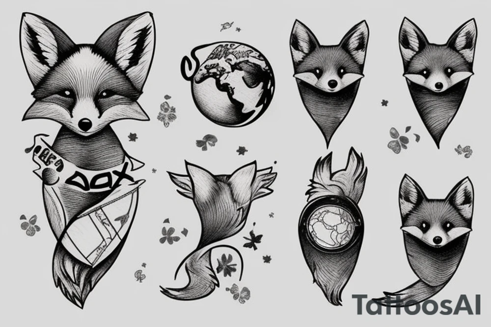 Sweet fox with a globe between his paws tattoo idea