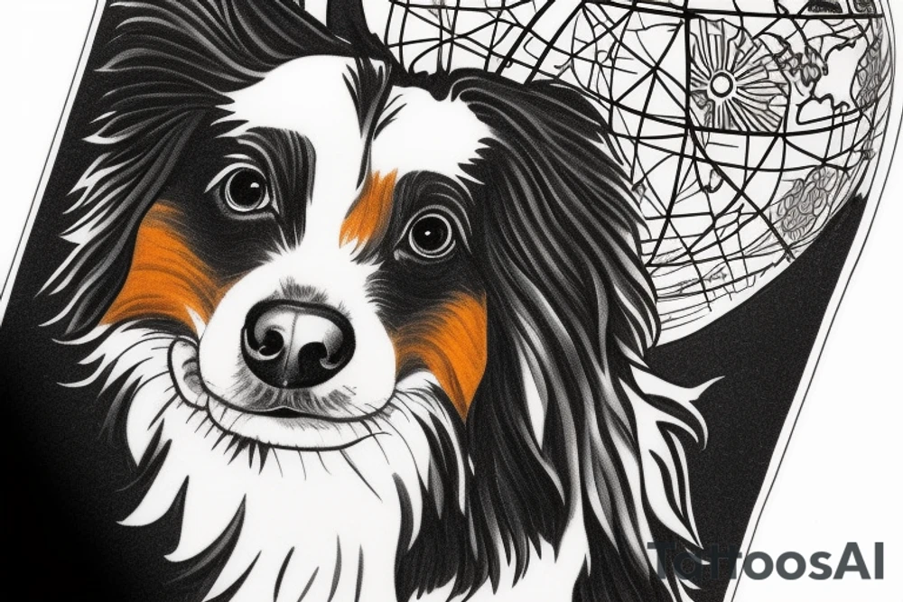 Sweet laying Australian Shepard with a globe between her paws. tattoo idea