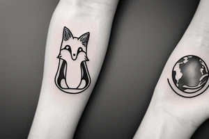 Sweet laying fox with a globe between her paws. tattoo idea