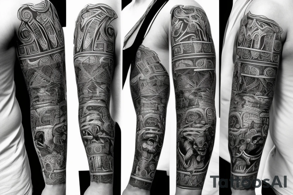 Right arm sleeve that contains a minotaur with a labyrinth behind him, warrior, poseidon and the titan Atlas tattoo idea