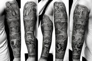 Right arm sleeve that contains a minotaur with a labyrinth behind him, warrior, poseidon and the titan Atlas tattoo idea
