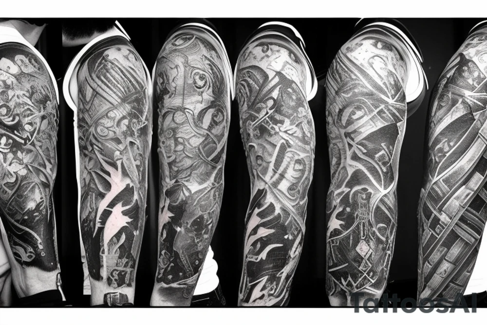 Right arm sleeve that contains a minotaur with a labyrinth behind him, warrior, poseidon and the titan Atlas tattoo idea