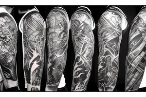 Right arm sleeve that contains a minotaur with a labyrinth behind him, warrior, poseidon and the titan Atlas tattoo idea