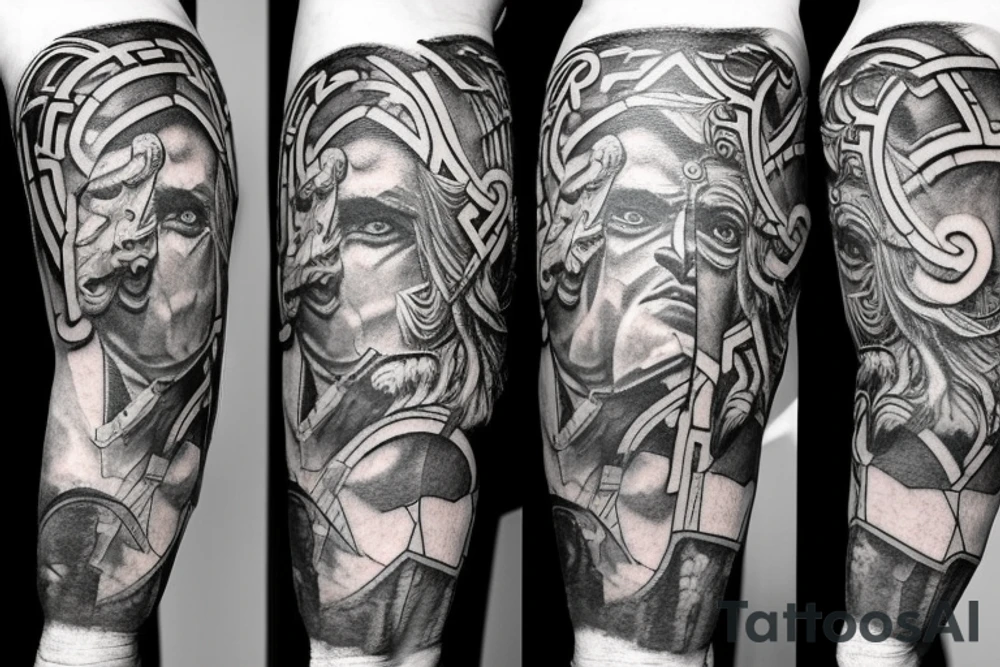 Right arm sleeve that contains a minotaur with a labyrinth behind him, warrior, poseidon and the titan Atlas tattoo idea